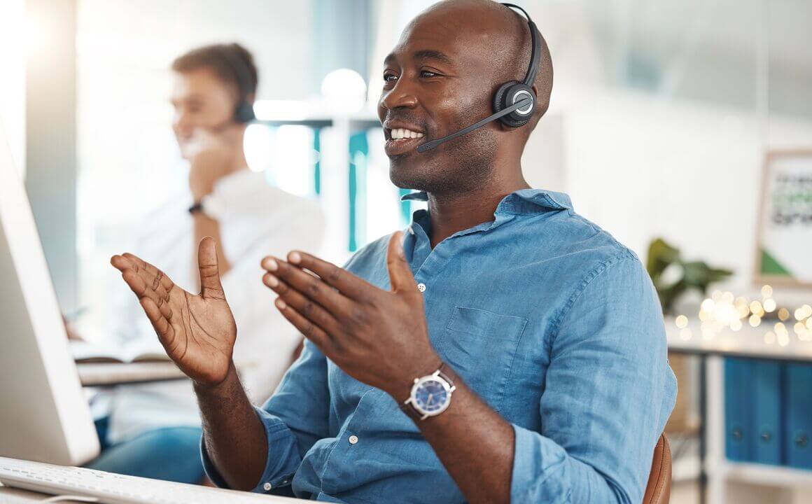 A contact centre representative talking to a customer on the phone