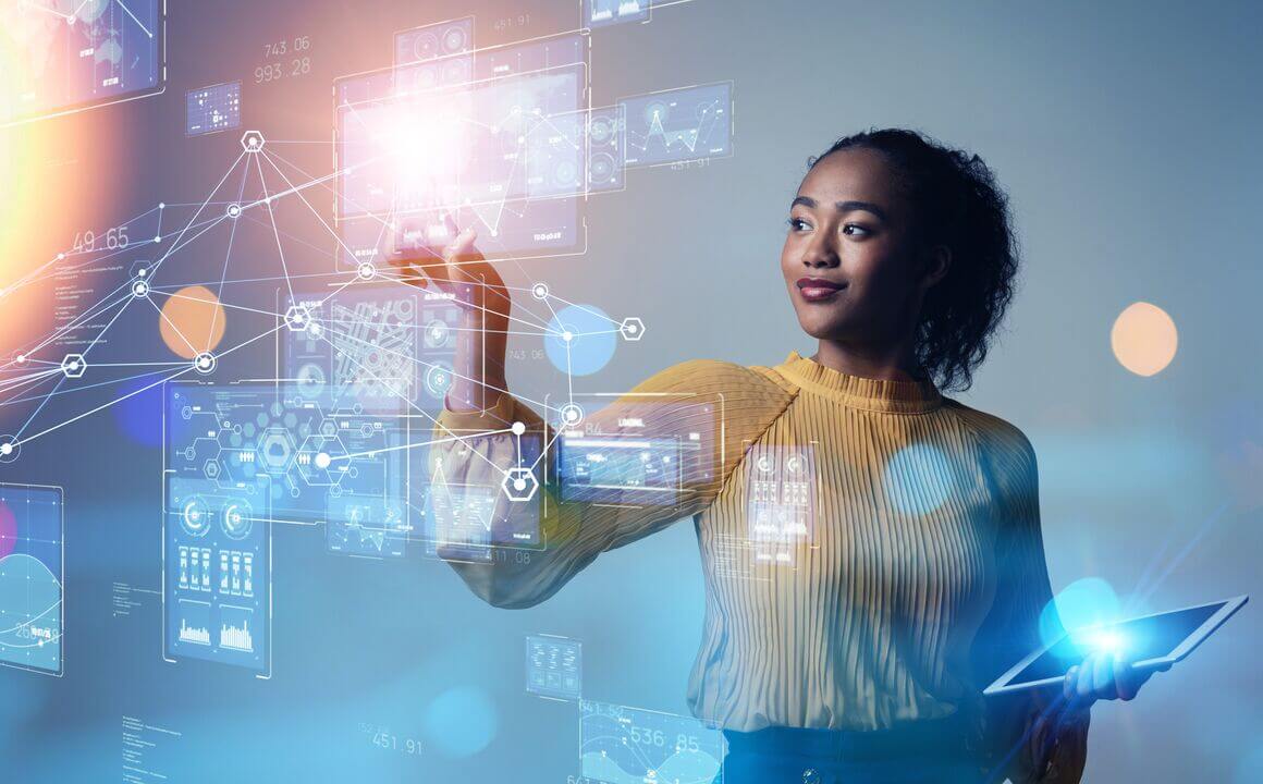 a woman interacts with an ethereal glowing digital interface