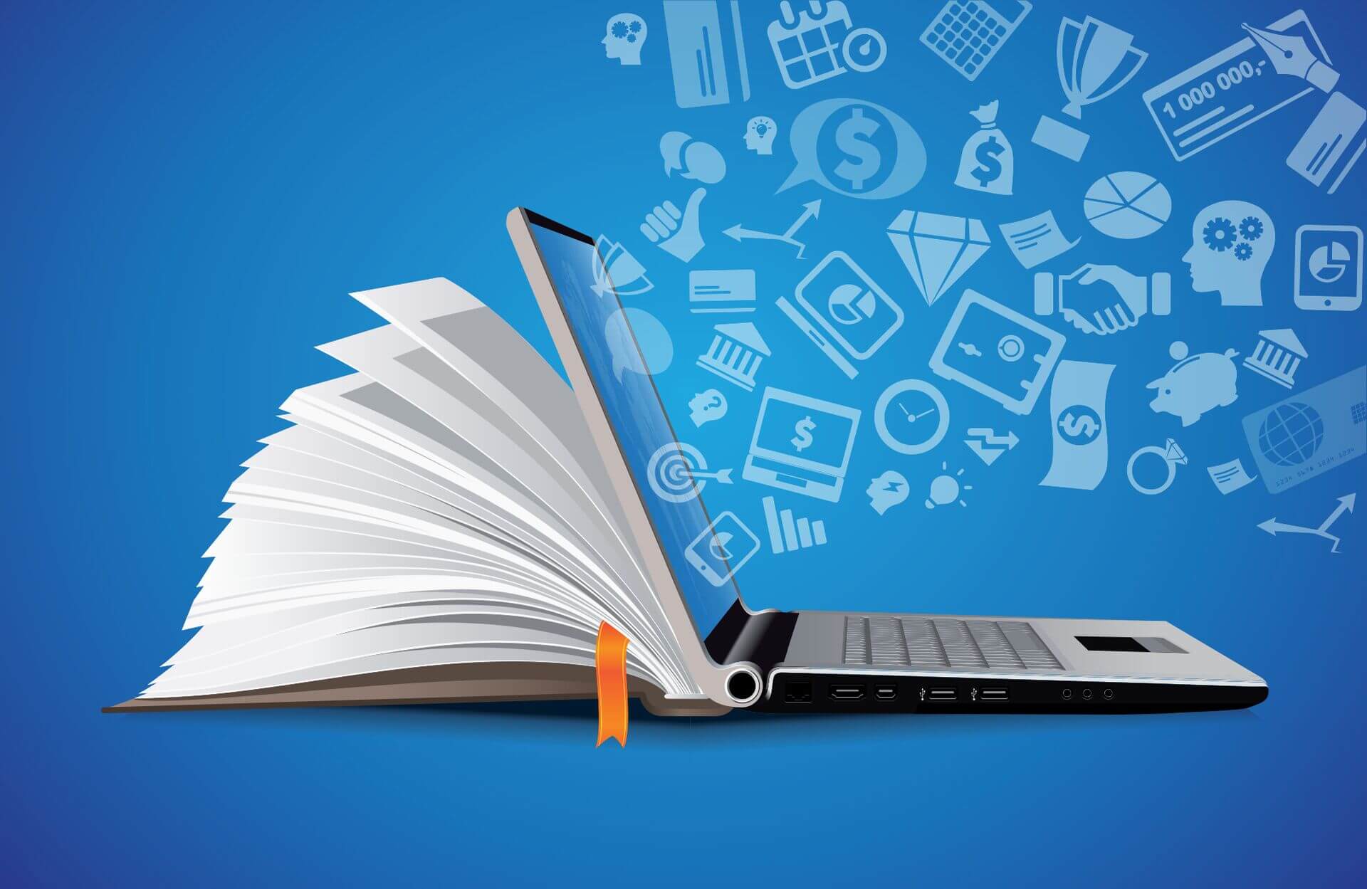 An illustration of a laptop with an e-book learning service.